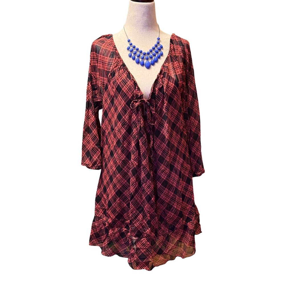 INC International Concepts Womens 2X Plaid Tie Front Ruffle Hem Sheer Blouse Top